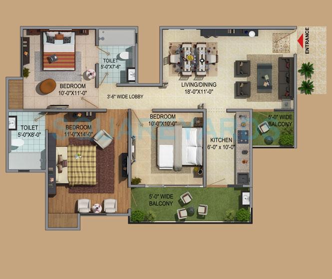 3 BHK Residential Apartment for rent in Eros Sampoornam — Floor plan